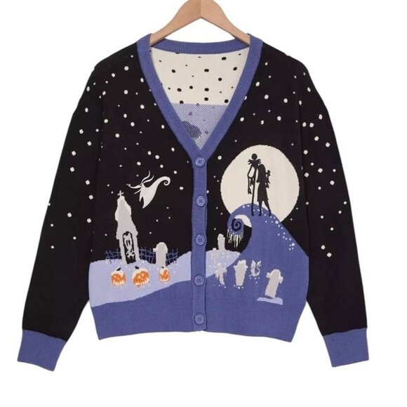 Disney Sweaters - Disney The Nightmare Before Christmas Jack & Sally Snowy Night Scene Cardigan XL